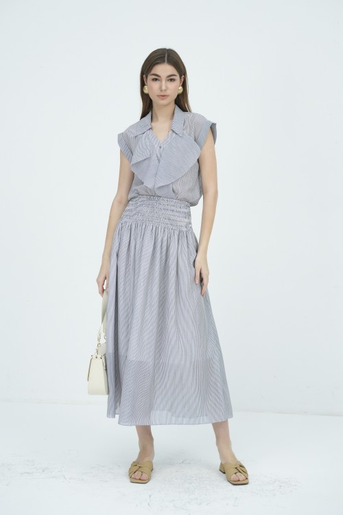 SIXDO G-Blue Stripe Raw Flared Skirt